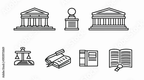 Law and Order Icon Set.
Description Line art depicting a courthouse, podium, scales of justice, books and magnifying glass
