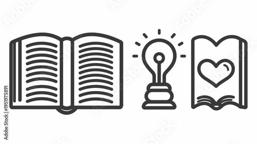 A stark illustration shows an open book, bulb with rays, book with heart, all black lines