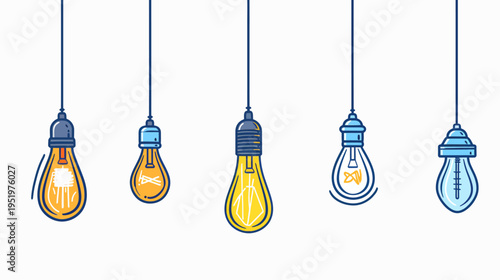 Five stylized lightbulbs hanging on simple cords against a white backdrop