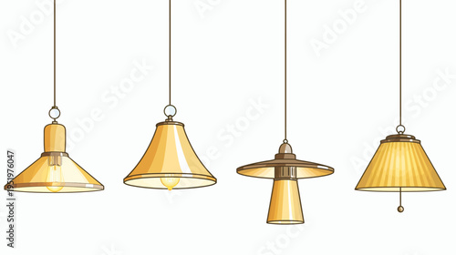 Four uniquely shaped, yellow lamps hanging from the ceiling on brown, thin chords