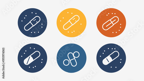 Six icons of medication capsules in circles of varying colors on a white background