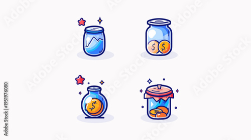 Cartoon vector set of four jars with contents and design elements on a white backdrop