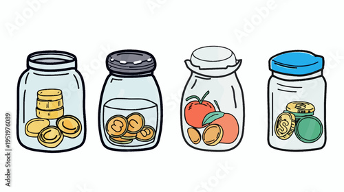 Jars filled with coins and fruit, in a cartoon doodle style on white