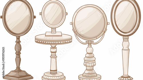 Four antique mirrors with varied stands and round/oval reflective surfaces, pale tones