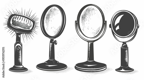Retro-style illustration shows ornate stand mirrors and hairbrush in monochrome sketch