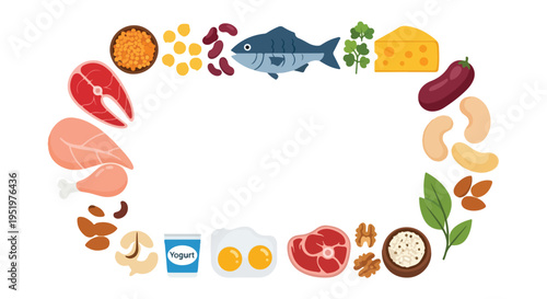 A colorful vector illustration showcasing various protein-rich and healthy food items arranged in an oval frame on a white background.