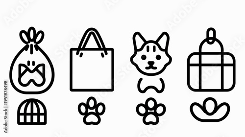 Line art set of icons tied bag, tote bag, dog face, travel bag, and paw prints