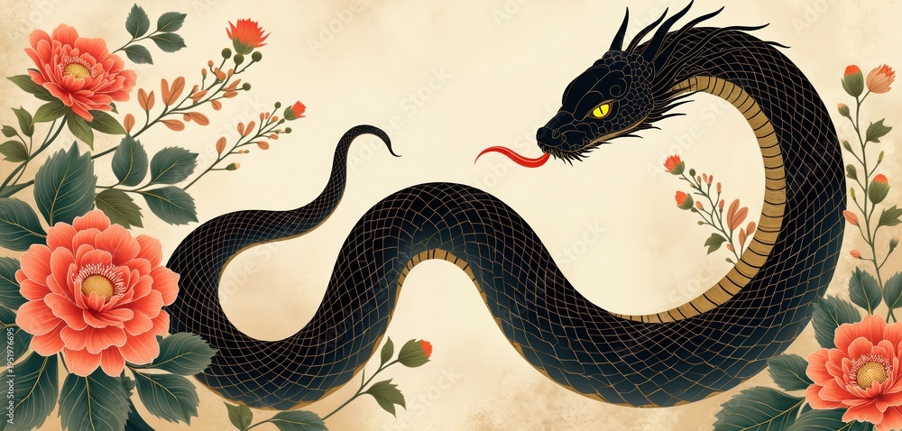 Fototapeta premium Black serpent with golden scales entwined with blooming flowers. Elegant oriental art style. Traditional Japanese motifs. Mystical creature design.
