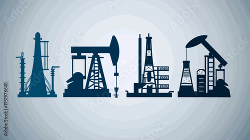 Oil industry silhouettes against a swirling, gray gradient background