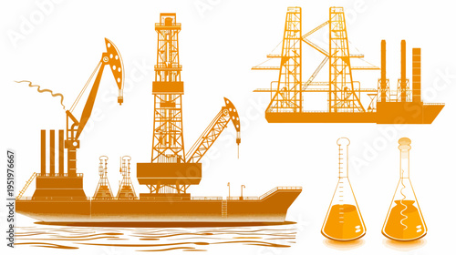 Orange industrial ships with oil pumps, drilling rig, and lab beakers on white
