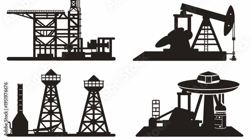 Industrial silhouettes, including derricks, water towers, and refining structures in black