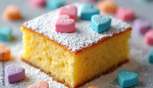 Yellow cake slice topped with powdered sugar and small heart candies. Colorful sweets surround the dessert piece, creating a festive and sweet presentation for any occasion, food or celebration.