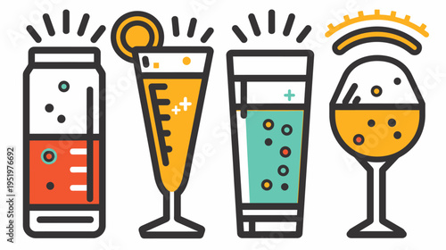 Four stylized beverages a can, flute, highball, and wine glass, radiating with short lines