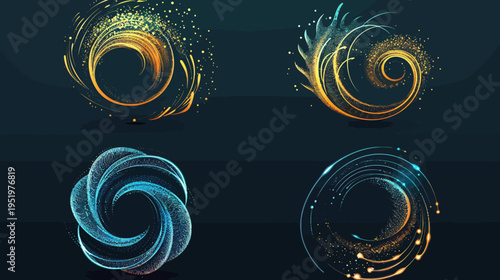 Four abstract, swirling designs of energy in gold and blue hues on dark blue backdrop