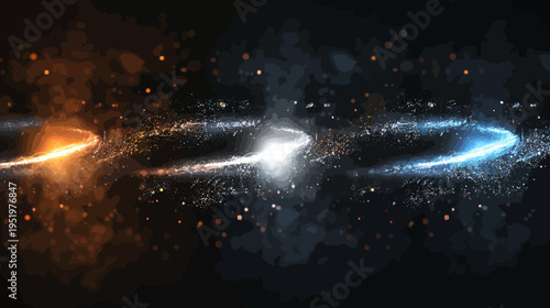 Abstract swirls of orange & blue energy meet in a bright center, digital painting