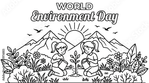 World environment day illustration with children planting a tree