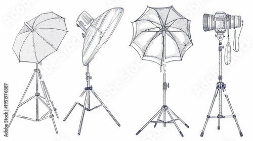 Stylized sketch of studio lighting setups and camera on tripod, isolated on white
