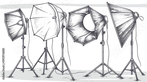 Stylized black-and-white illustration of four studio lighting setups on tripod stands
