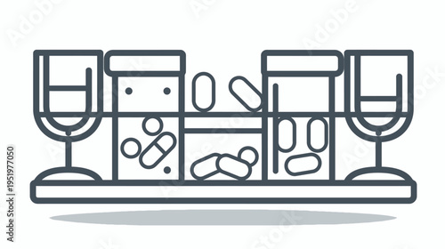 Line art depicts pills in containers held by stands on a shelf, casting a shadow