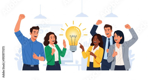 Diverse team celebrates successful idea generation with glowing lightbulb.