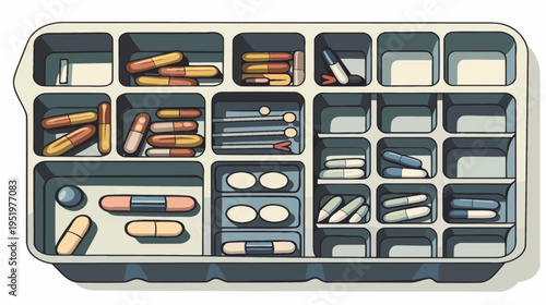 Cartoon illustration of a compartmentalized container holding a variety of pills