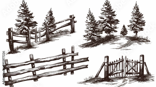Four hand-drawn rustic, wooden fences in the countryside with pine trees