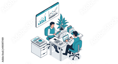 Isometric office workers at desks with computers and printer vector