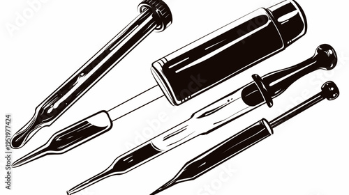 Illustrated array of droppers with glass vials and rubber bulbs, black outlined