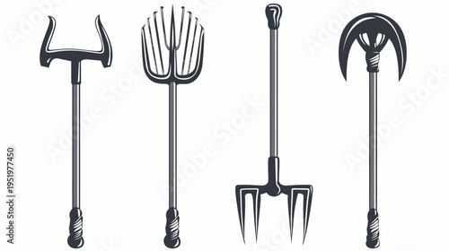 Four farming tools in a row a fork, a pitchfork, a hoe and a rake