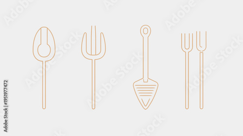 Garden tools illustrated in thin lines, spoon, fork, spade and rake on white background
