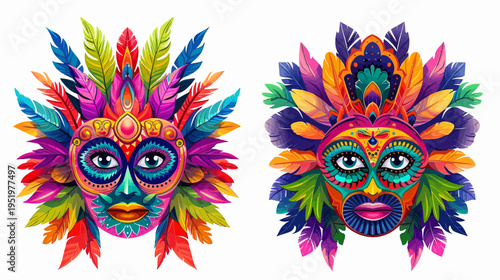 Two vibrant, tribal masks adorned with colorful feathers and intricate face designs