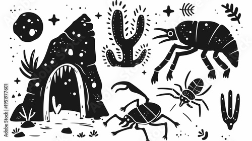 Silhouetted desert scene with insects, cave, cactus, moon and stars in black and white