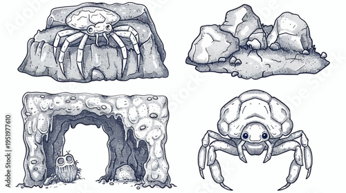 Hand-drawn illustrations of cartoon spiders, rocks and a cave with a creature inside