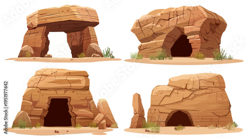 Cartoon desert rock structures arch, open cave, and blocky shelters. Isolated on white