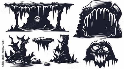 Collection of stylized, dark, rocky and cave-like formations in black and white illustration
