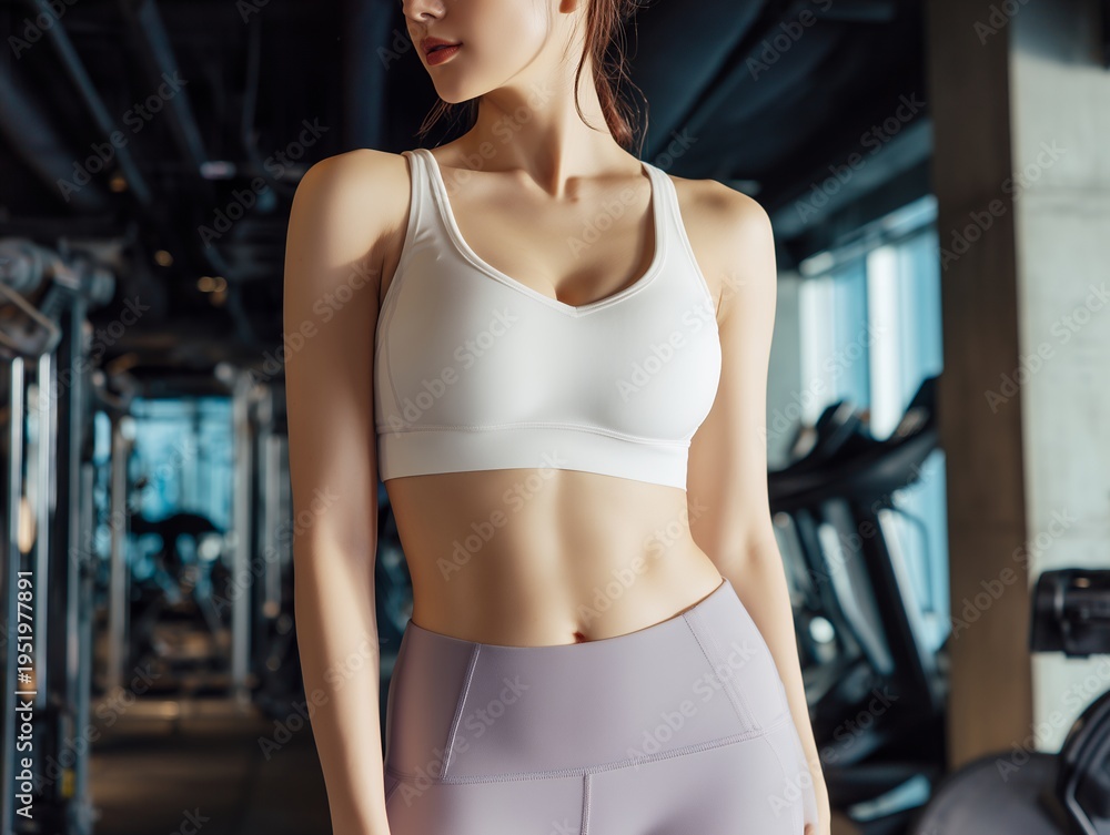 Fototapeta premium フィットネスジムで白いスポーツブラを着用して立つお腹の引き締まった健康的な女性