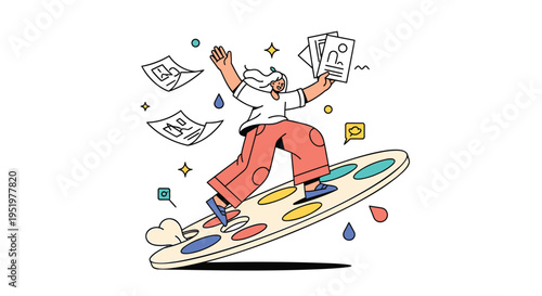 Vector illustration of stressed businessman surfing on paperwork