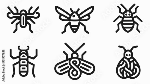 6 simple black vector icons of various insect species