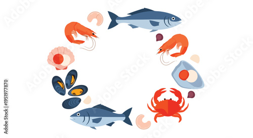 A vibrant vector illustration showcases a variety of fresh seafood, including fish, shrimp, crab, mussels, and scallops, arranged in a circular border on a clean white background.