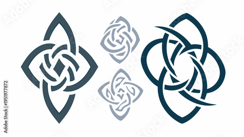 Three interlocking knot designs in two shades of blue, isolated on white background