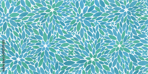 Calm floral watercolor seamless pattern, flowers and small leaves in mint and blue tones, botanical print for wellness and spa.