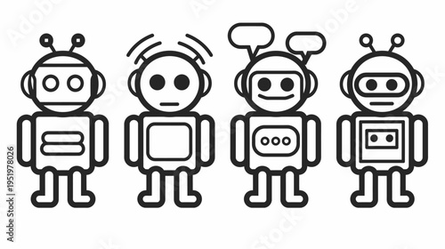 Four distinct line art robots standing in a row, each with unique head and body designs