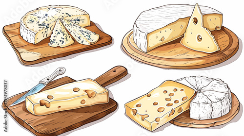 Hand-drawn, vector illustration of four varieties of cheese on wooden cutting boards