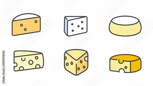 Six different cheese icons arranged in two rows on a white background