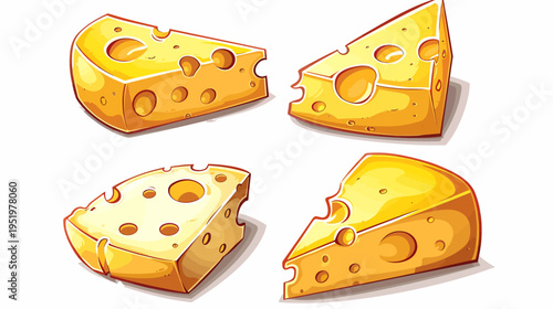 Four cartoon wedges of swiss cheese with shadows, isolated on a white background