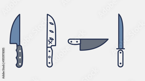 Cartoon drawing displays four kitchen knives with varying shapes and handles