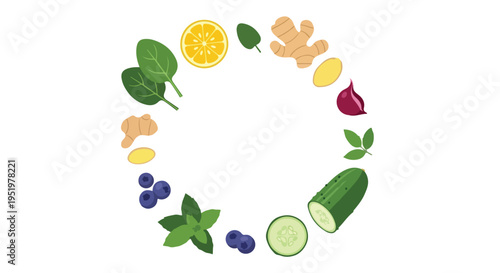 Various healthy ingredients like lemon, spinach, ginger, cucumber, blueberries, and mint are arranged in a circular pattern on a white background, forming a frame.