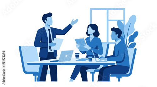 Business professional leading a collaborative team meeting with colleagues in a modern office setting using laptops and headsets