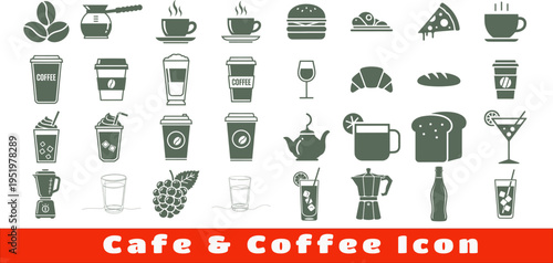 Large set of cafe and coffee related icons in green color on transparent background vector illustration