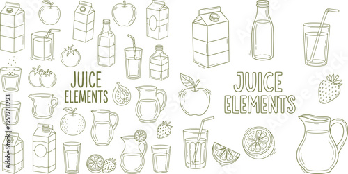 Juice elements pattern with milk cartons and fruit hand drawn outline vector illustration for healthy beverage product design